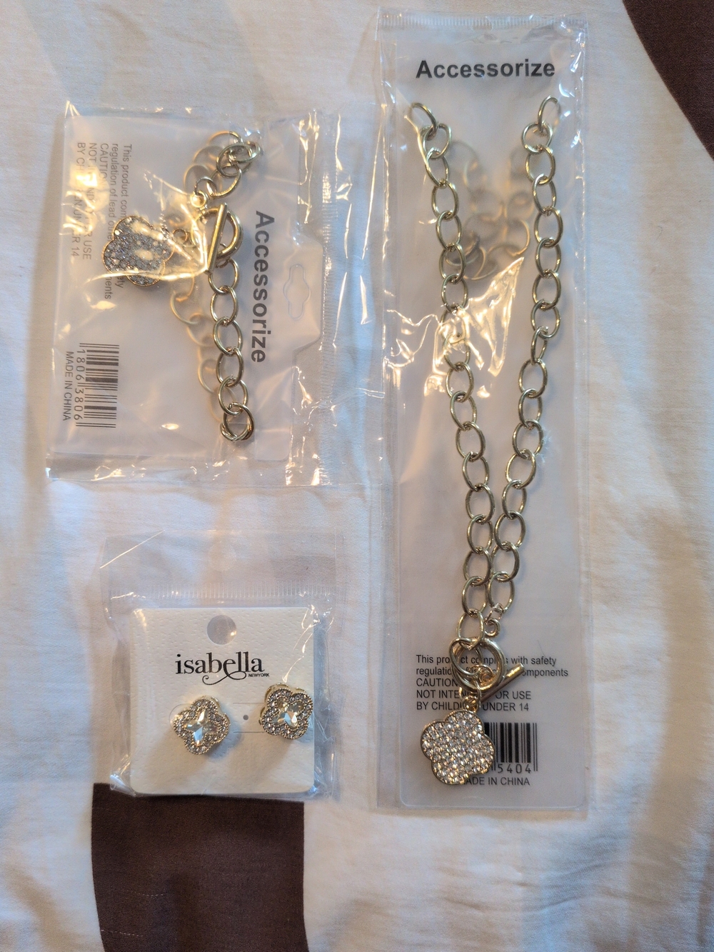 Isabella Gold Tone Crystal Clover Stud Earrings, Necklace, And Bracelet Set